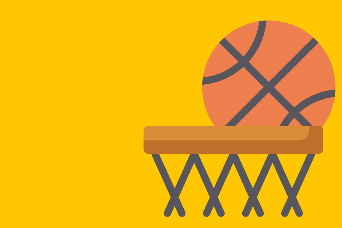 Basketball going into the net with a yellow background